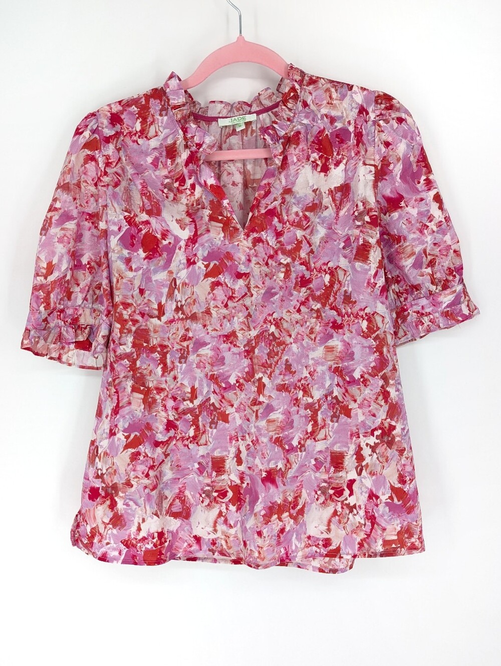 Jade Melody Tam Pink Puff Sleeve Top Floral 100% Cotton Blouse Medium